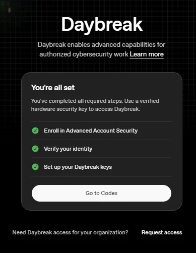 ChatGPT Daybreak onboarding completed, with green checkmarks for Advanced Account Security, identity verification, and Daybreak keys.